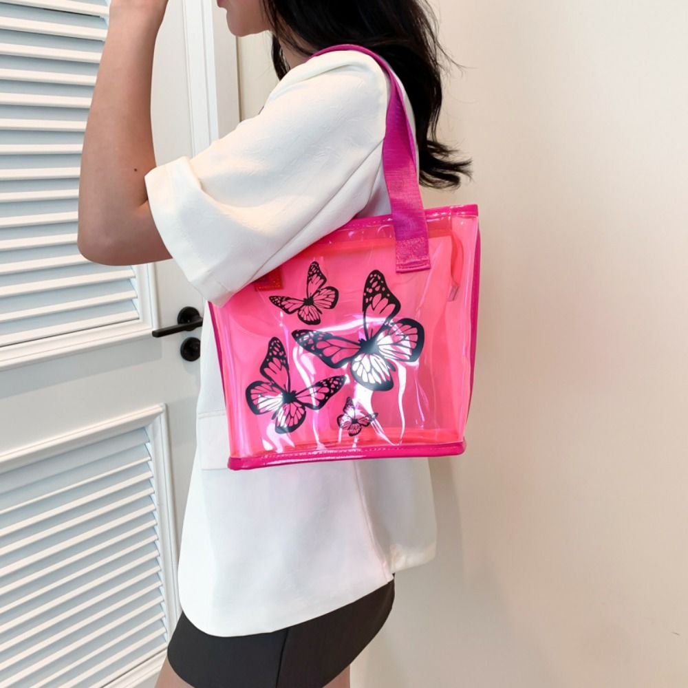 Jelly Bag Clear Pvc - حقيبة كتف شفافة بطباعة الفراشات، مقاومة