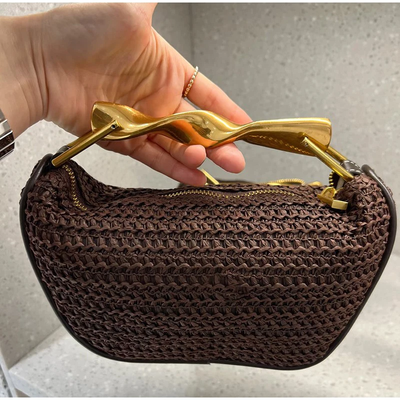 Women Bags High End Brands - حقيبة يد منسوجة يدويًا بمقبض ذهبي،